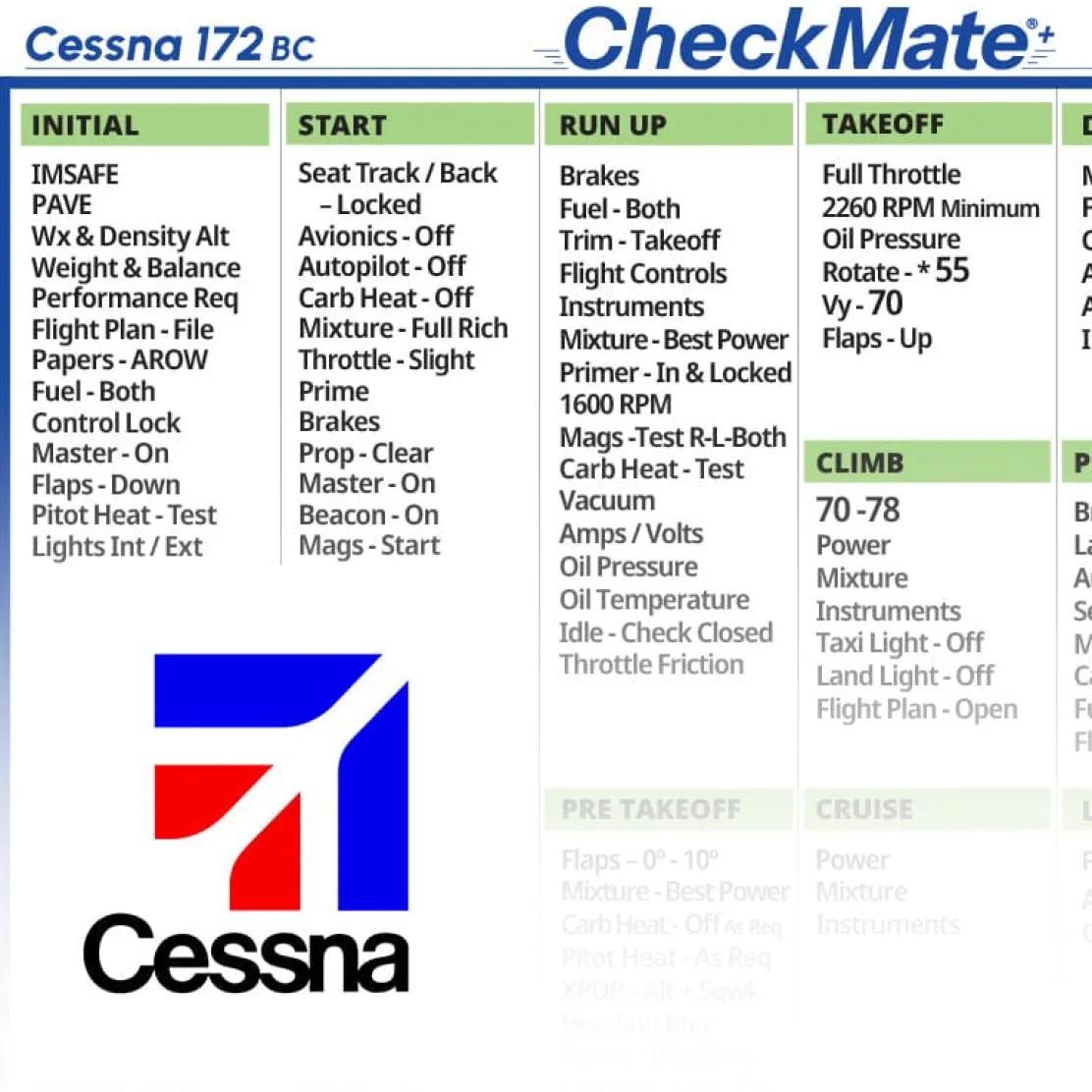 Cessna 172 BC Checkmate+ Standard Size Comprehensive Pilot Checklist (Modernized and Updated)