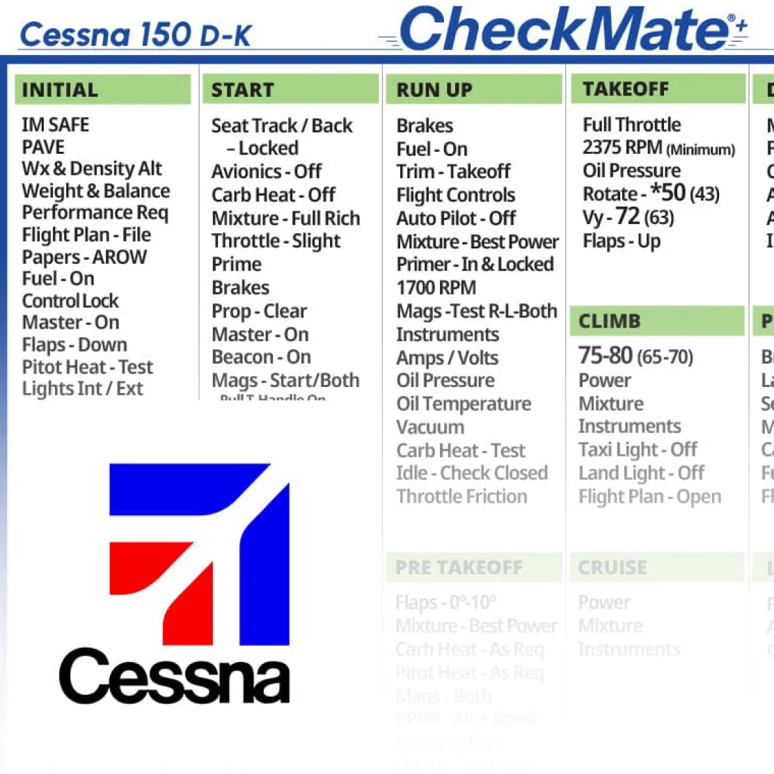 Cessna 150 D-K Checkmate+ Standard Size Comprehensive Pilot Checklist (Modernized and Updated)