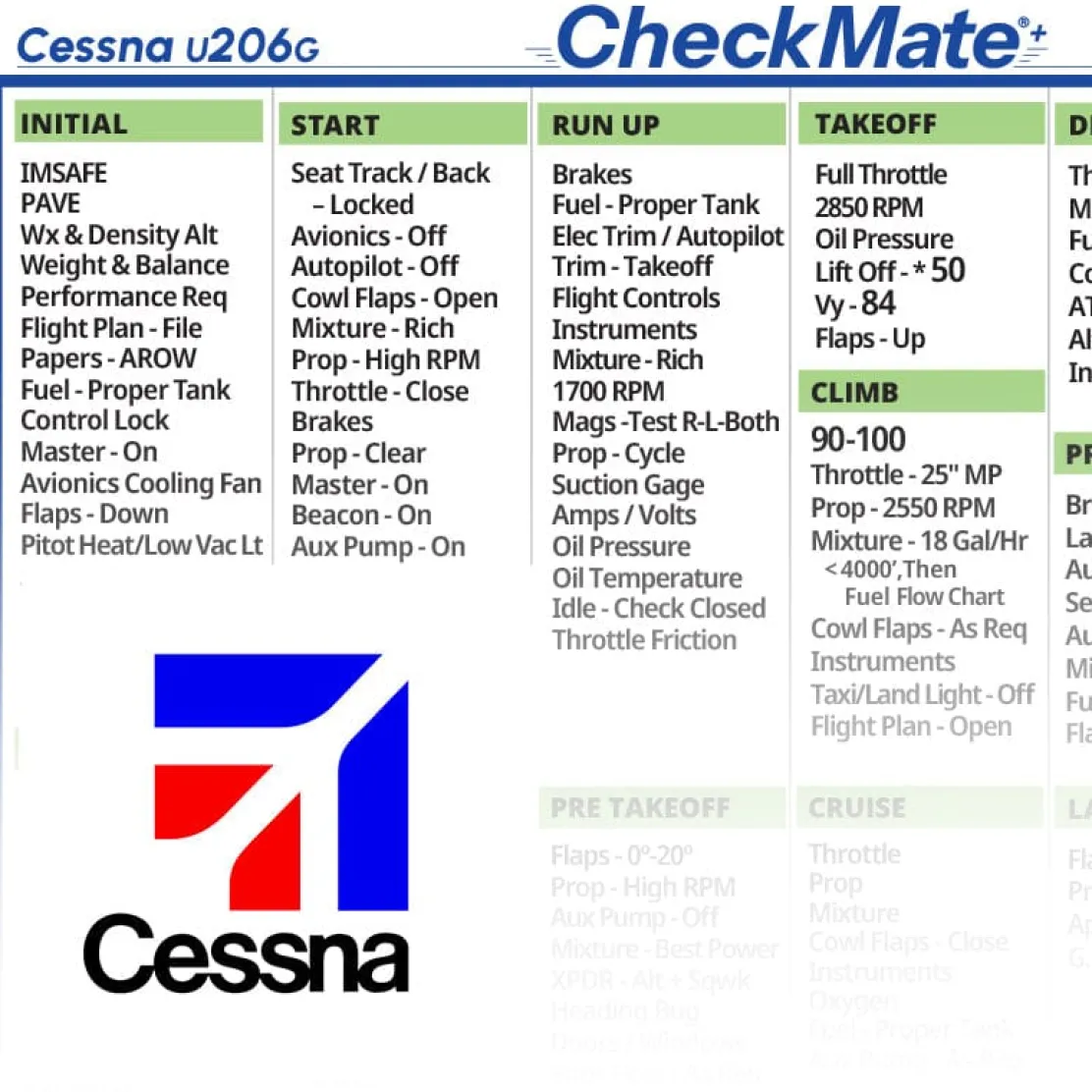 Cessna 206 G Checkmate+ Standard Size Comprehensive Pilot Checklist (Modernized and Updated)
