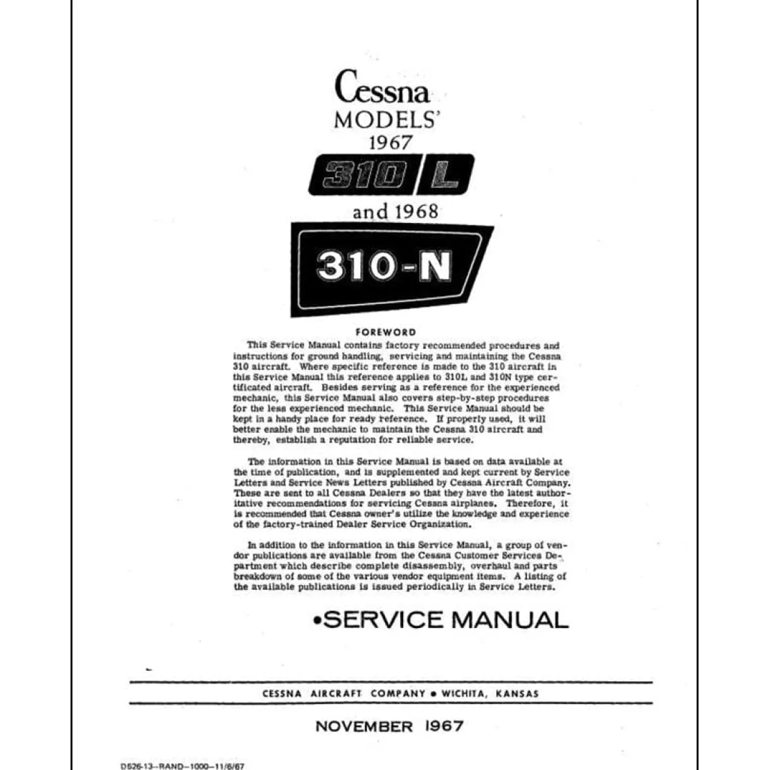 Cessna 310L 1968 310N 1967-68 Maintenance Manual