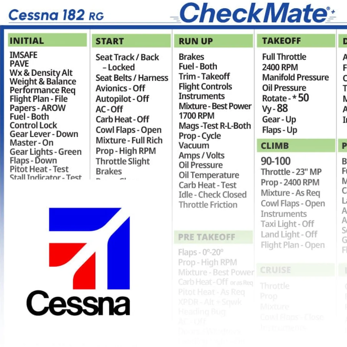 Cessna 182 RG Checkmate+ Standard Size Comprehensive Pilot Checklist (Modernized and Updated)