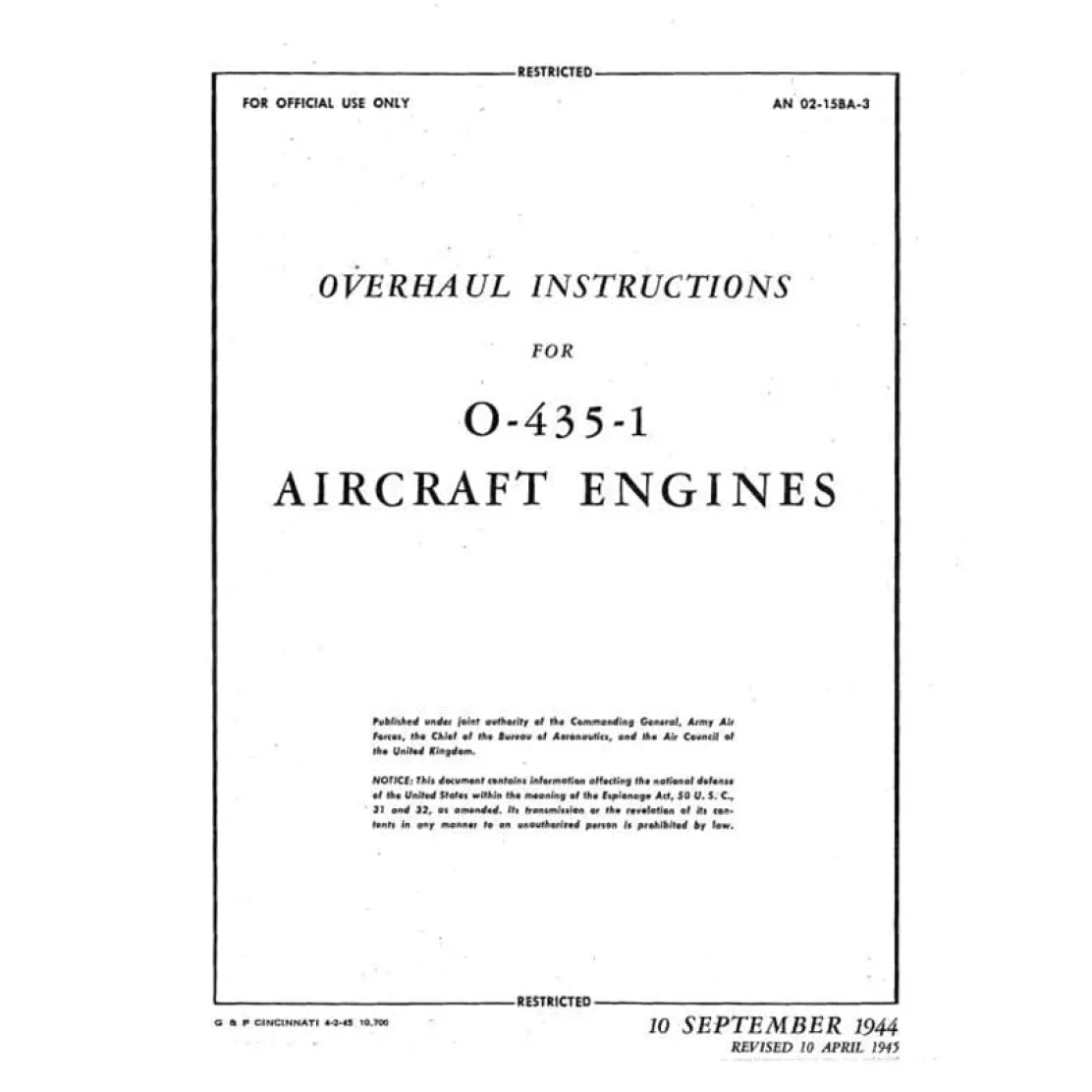 Lycoming O-435-1 1944 Overhaul Instructions (02-15BA-3)