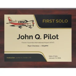 Personalized First Solo Flight Piper Cherokee Achievement 9 x 12 Plaque