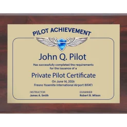 Personalized Pilot Achievement Plaque - Faux Walnut Aviation Award