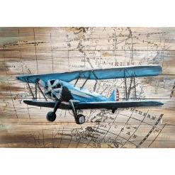 Pilot Toys Blue Handcrafted Vintage Biplane Metal Wood Wall Art