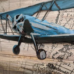Pilot Toys Blue Handcrafted Vintage Biplane Metal Wood Wall Art