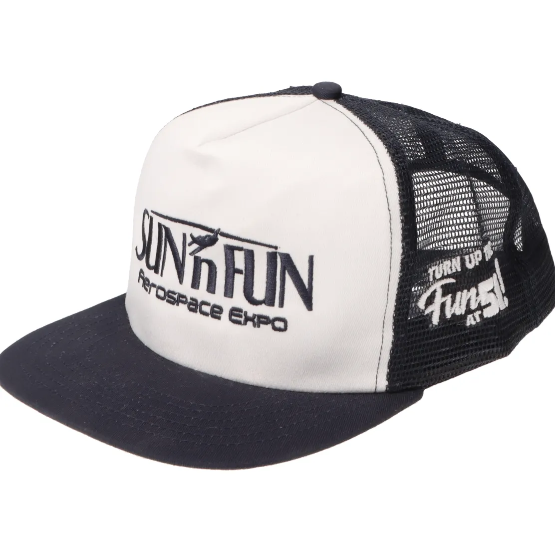 SUN 'n FUN White/Navy Five Panel High Profile Trucker Cap w/Turn Up The Fun for 51 Navy Embroidery