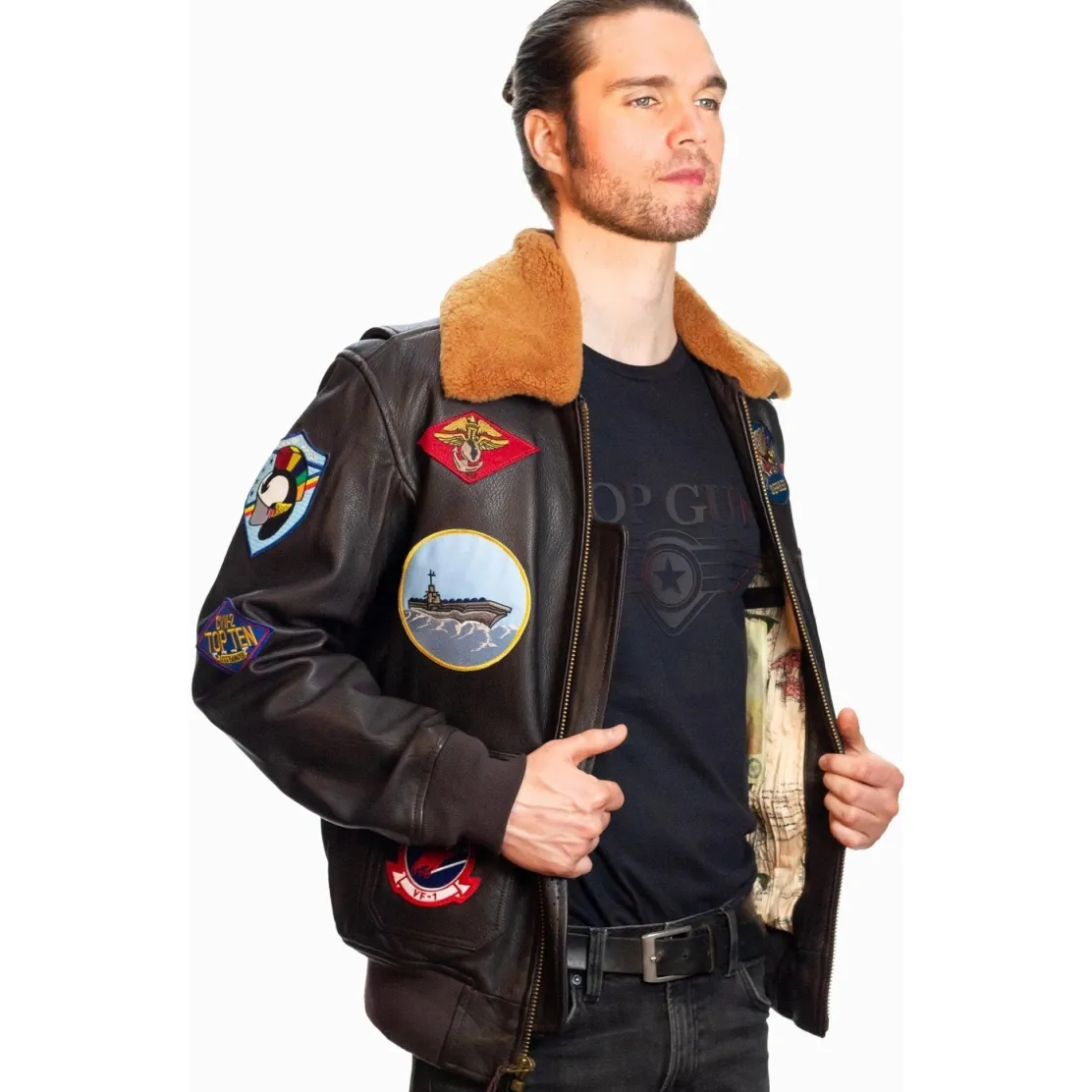Top Gun Official G-1 Leather Jacket with Patches: Ultimate Comfort with Italian Goat Skin and Shearling Collar