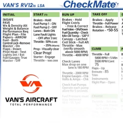 Vans RV-12is Standard Checkmate+ Standard Size Comprehensive Pilot Checklist (Modernized and Updated)